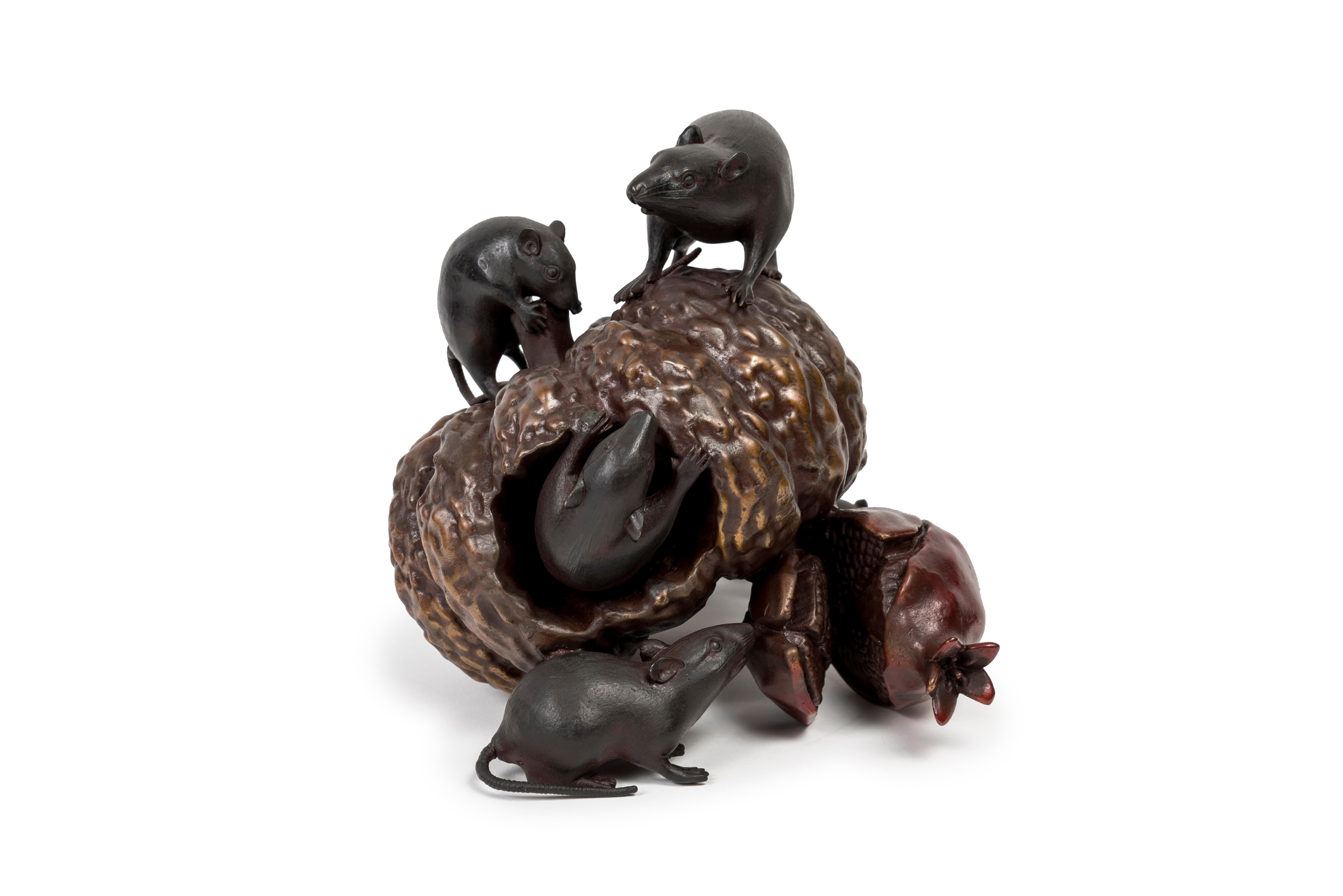Polychrome bronze of a group of mice around a pumpkin and a pomegranate. The five mice have a dark brown patina, while the hollowed-out gourd is dark brown and the split pomegranate is dark red. 

Written in a cartouche on one of the pumpkin