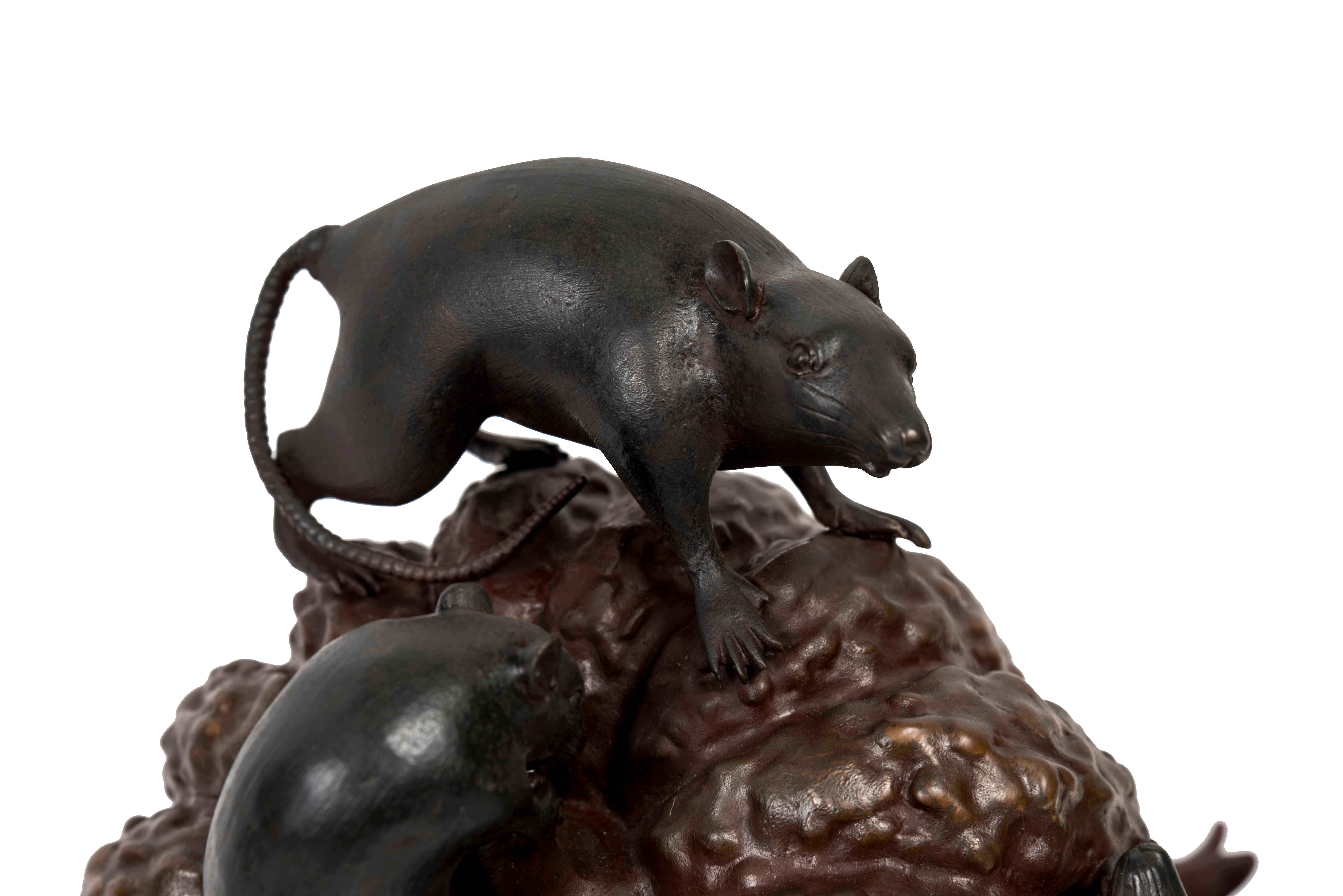 19th Century Japanese Bronze Group of Mice, Pumpkin and Pomegranate For Sale