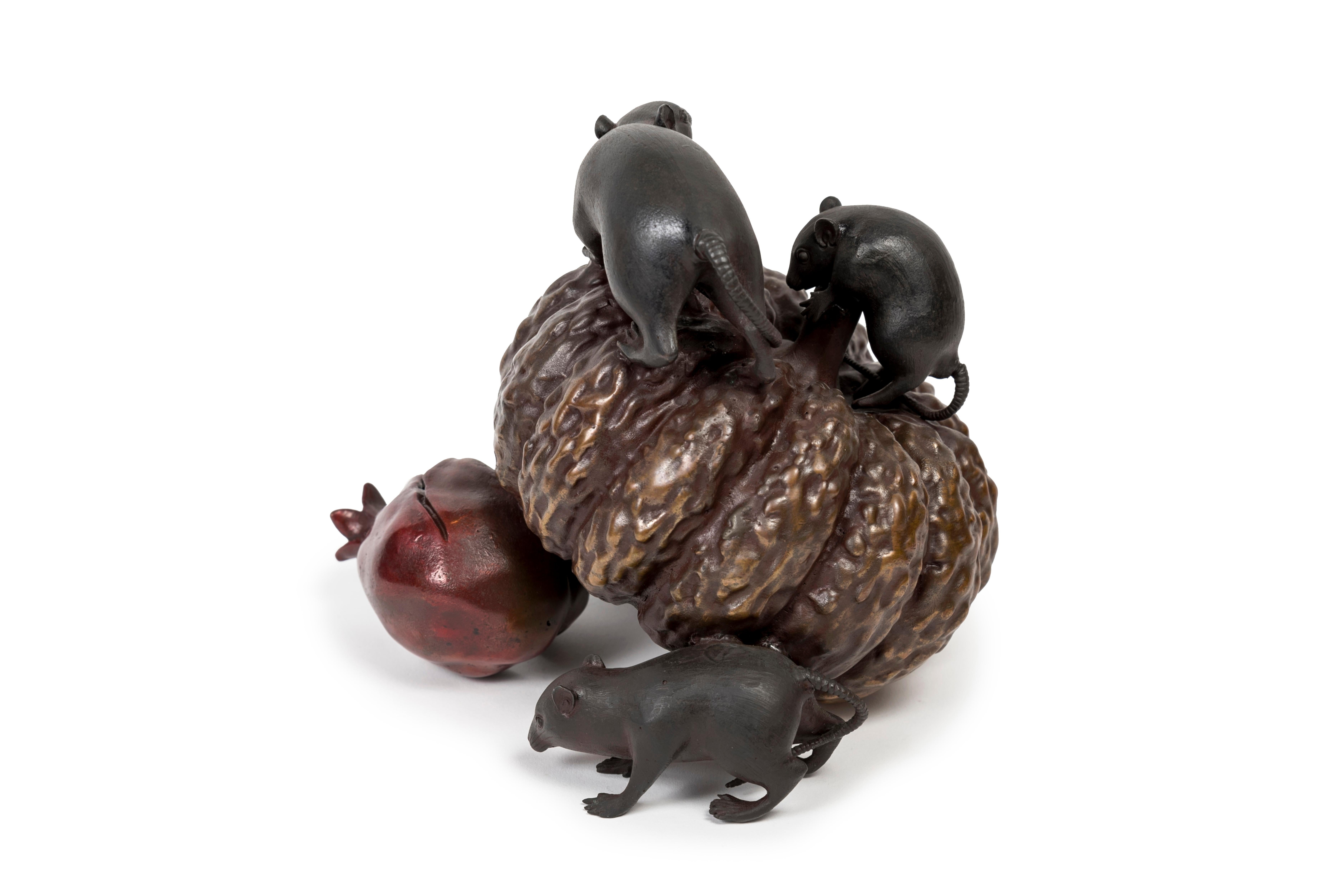Japanese Bronze Group of Mice, Pumpkin and Pomegranate For Sale 1