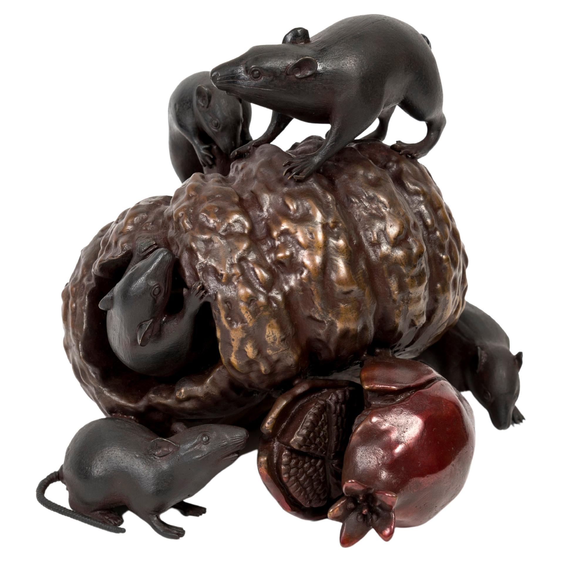 Japanese Bronze Group of Mice, Pumpkin and Pomegranate