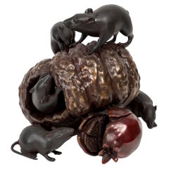 Japanese Bronze Group of Mice, Pumpkin and Pomegranate