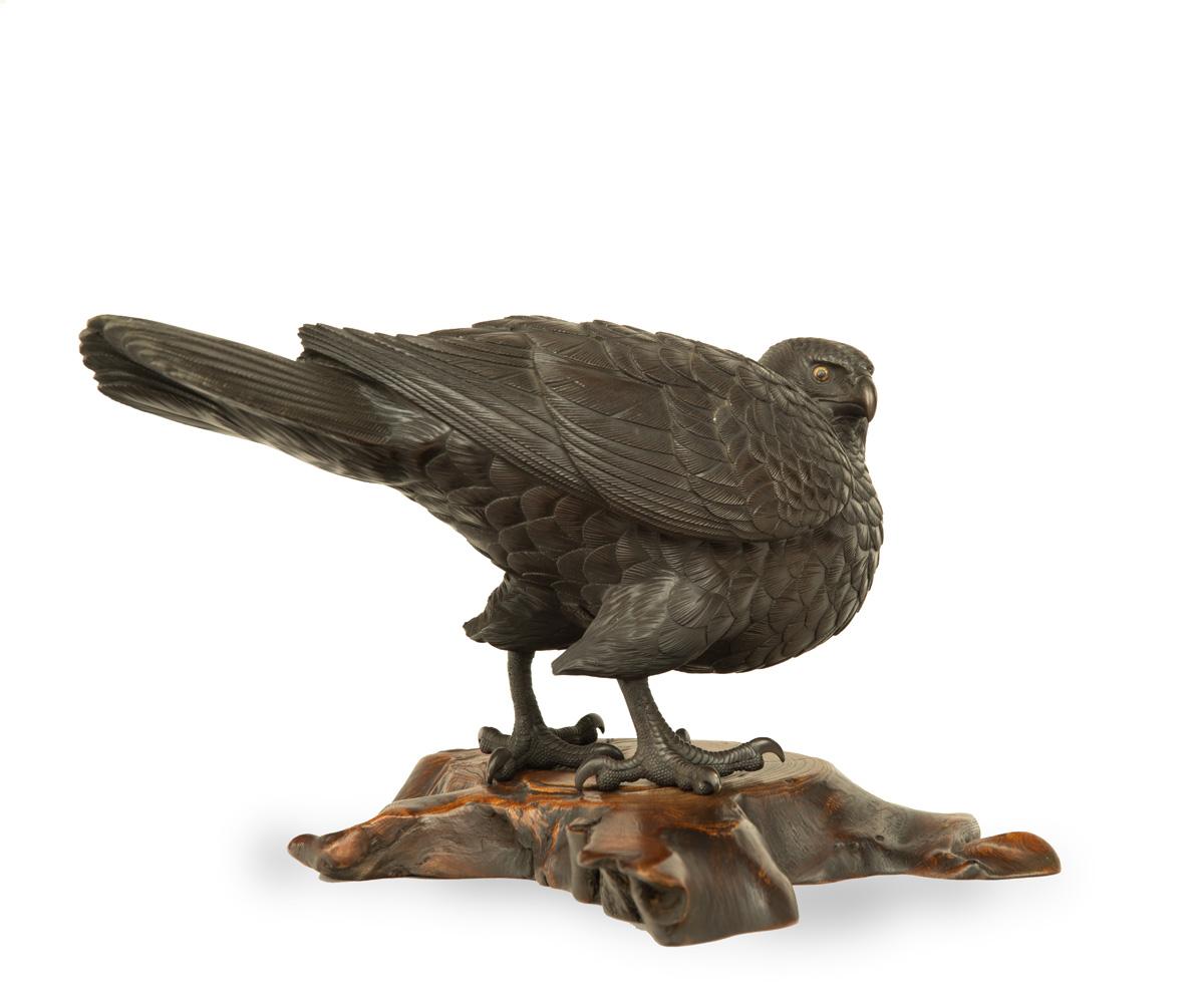 Als Teil unserer Sammlung japanischer Kunstwerke freuen wir uns, diesen liebenswerten Bronze-Okimono aus der Meiji-Zeit (1868-1912) anbieten zu können, der einen Falken auf einem Wurzelholzsockel zeigt. Der Falke ist in außergewöhnlich feinen