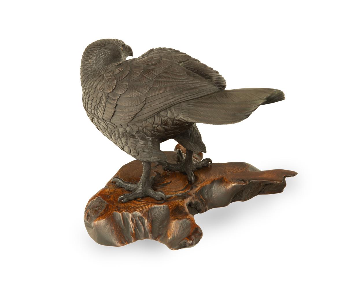 Carved Japanese Bronze Hawk Okimono by Maruki For Sale