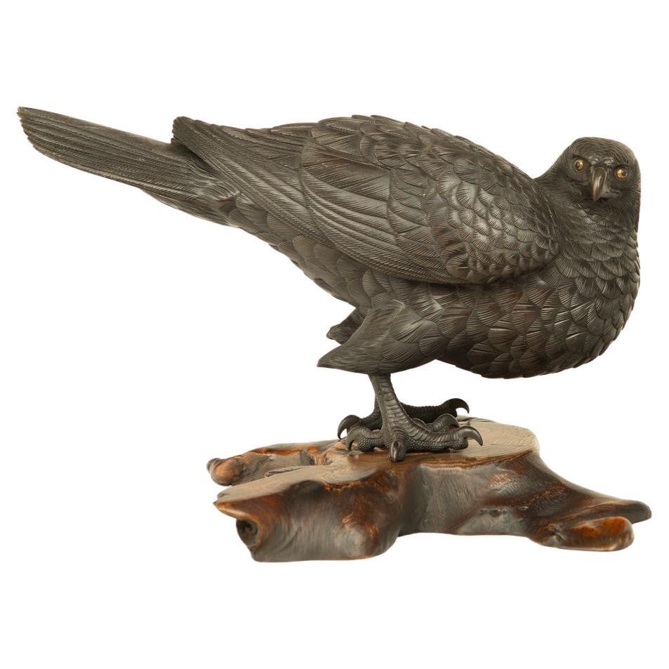 Japanese Bronze Hawk Okimono by Maruki For Sale