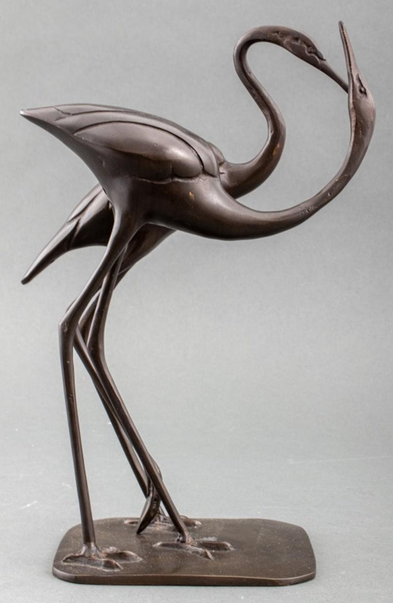 Patinated Japanese Bronze Heron Couple Sculpture