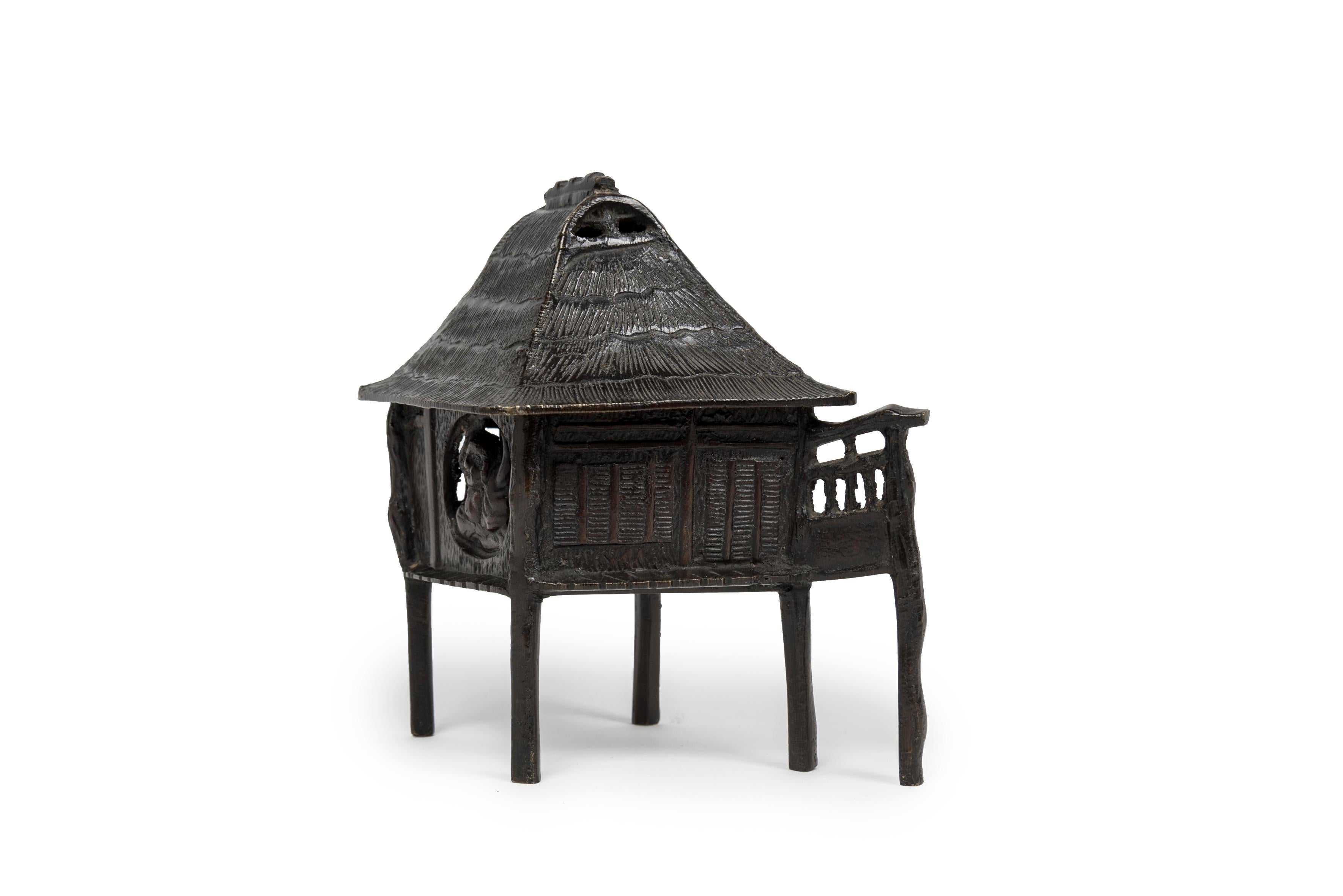 Cast Japanese bronze house on stilts incense burner  For Sale