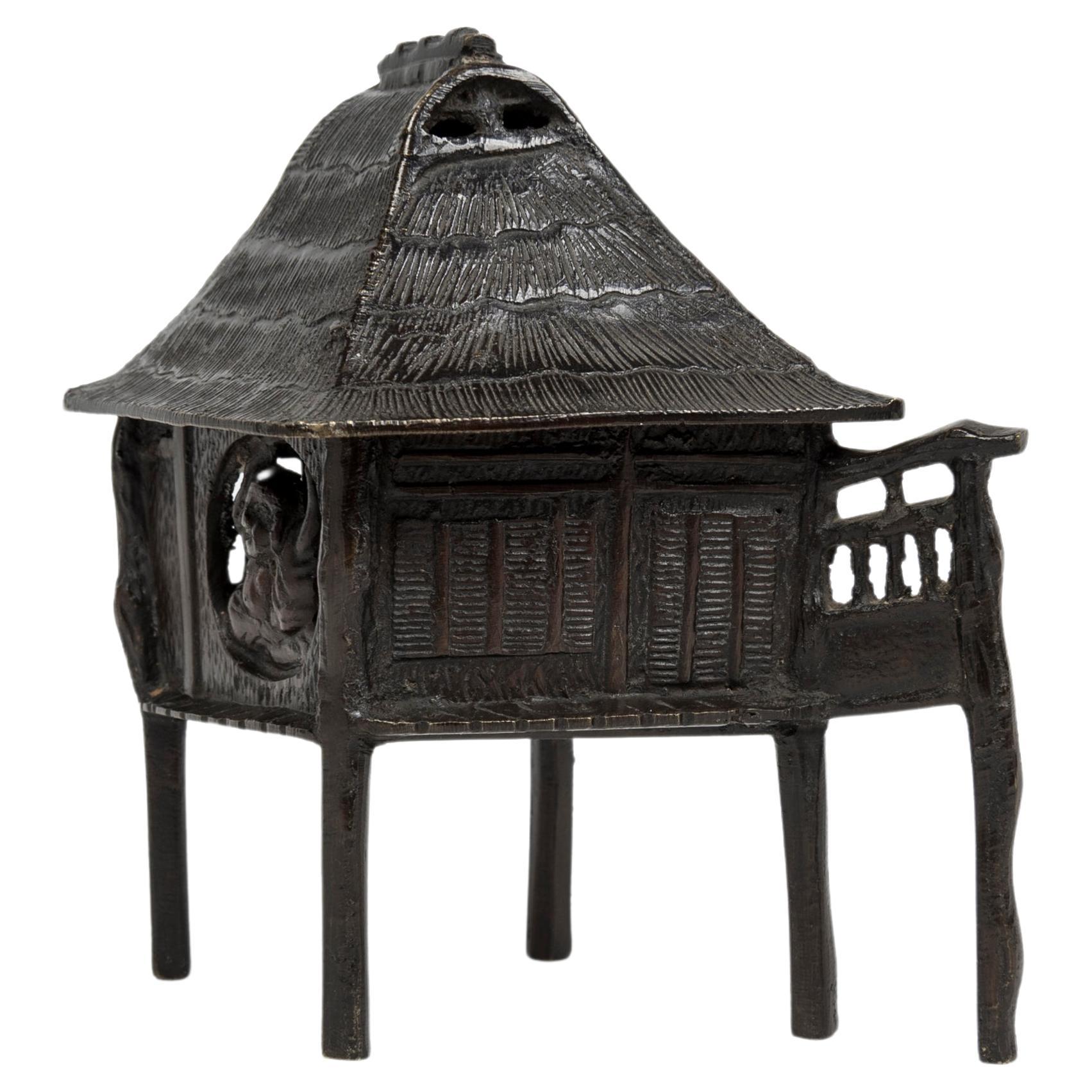 Japanese bronze house on stilts incense burner  For Sale