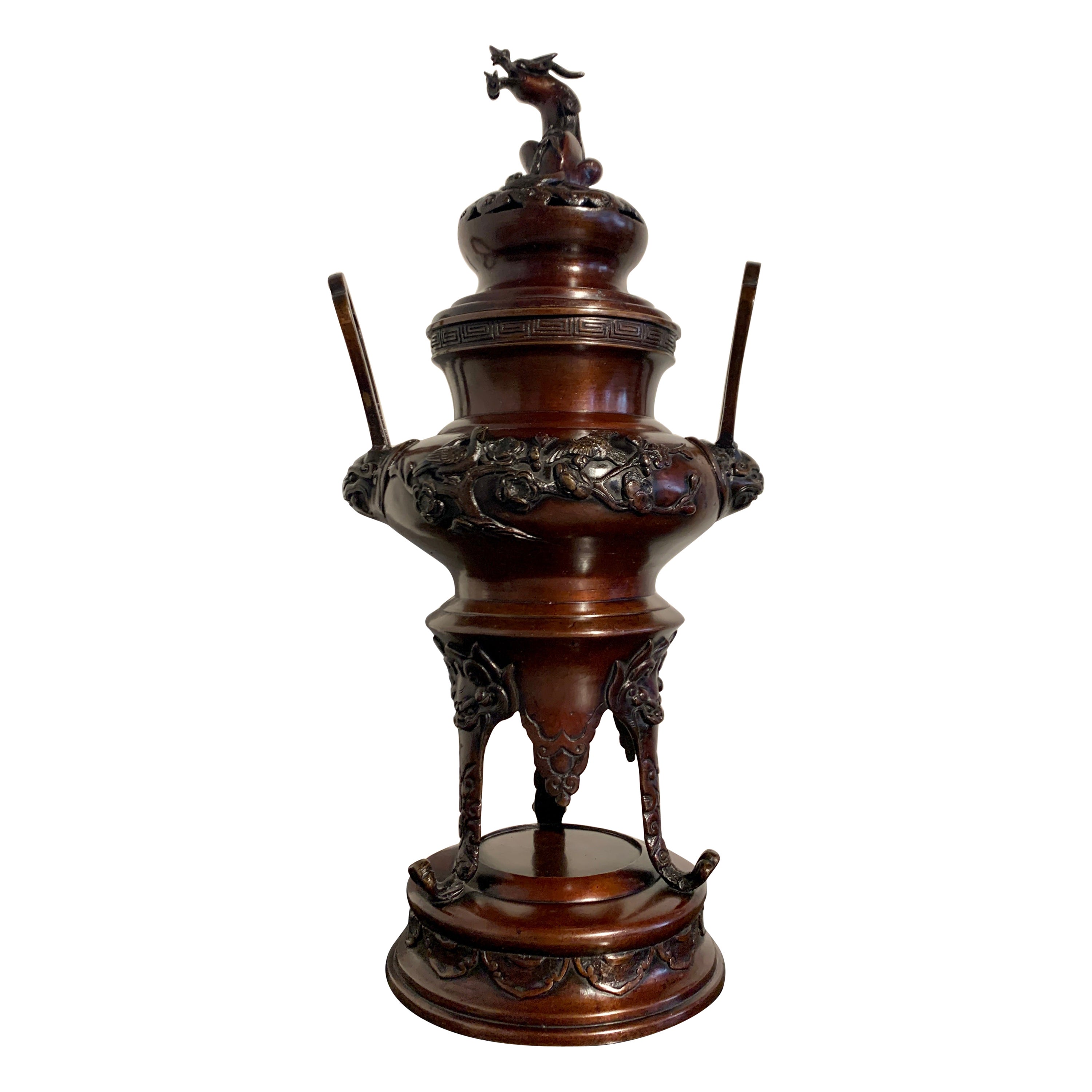 Japanese Bronze Incense Burner, Koro, w/ Kirin, Taisho Period, circa 1920 Japan