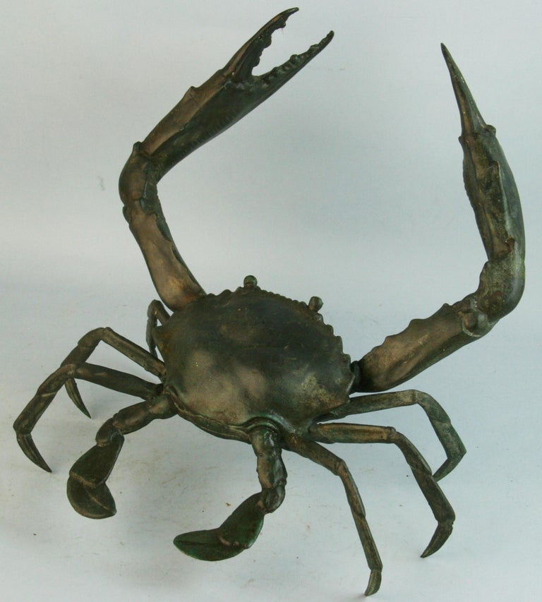 1229 Fine bronze jumbo crab sculpture of an animated crab finely detailed.