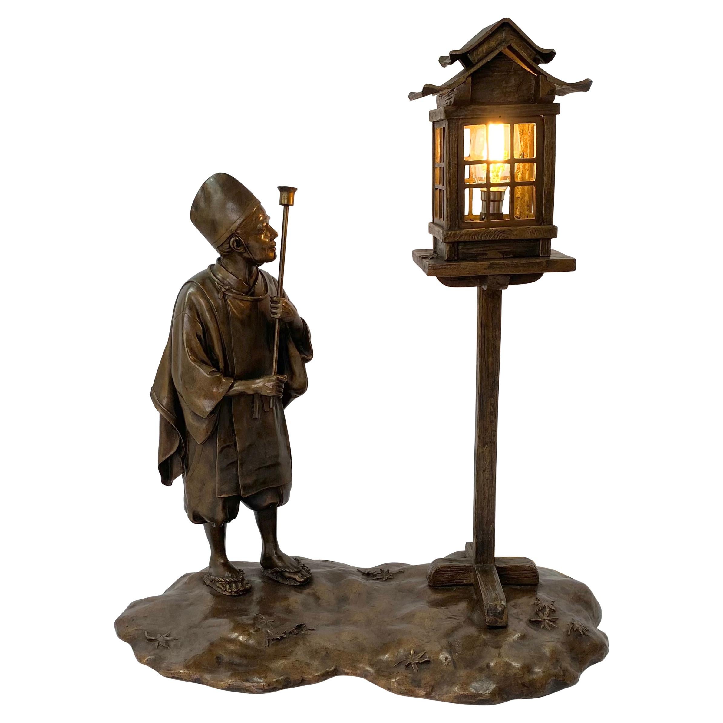 Japanese Bronze Lamp, Signed Yoshitani, 美谷特製, Meiji Period