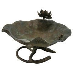 Vintage Japanese Garden Bronze Lily Pad with Small Frog Catchall/Bird Bath