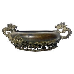 JAPANESE BRONZE  Meiji Period Low Oval Bowl with two full-body writing dragons