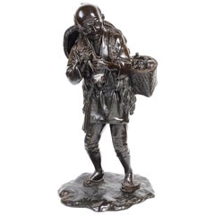 Used Japanese Bronze Meiji Period Mushroom Picker, 19th Century