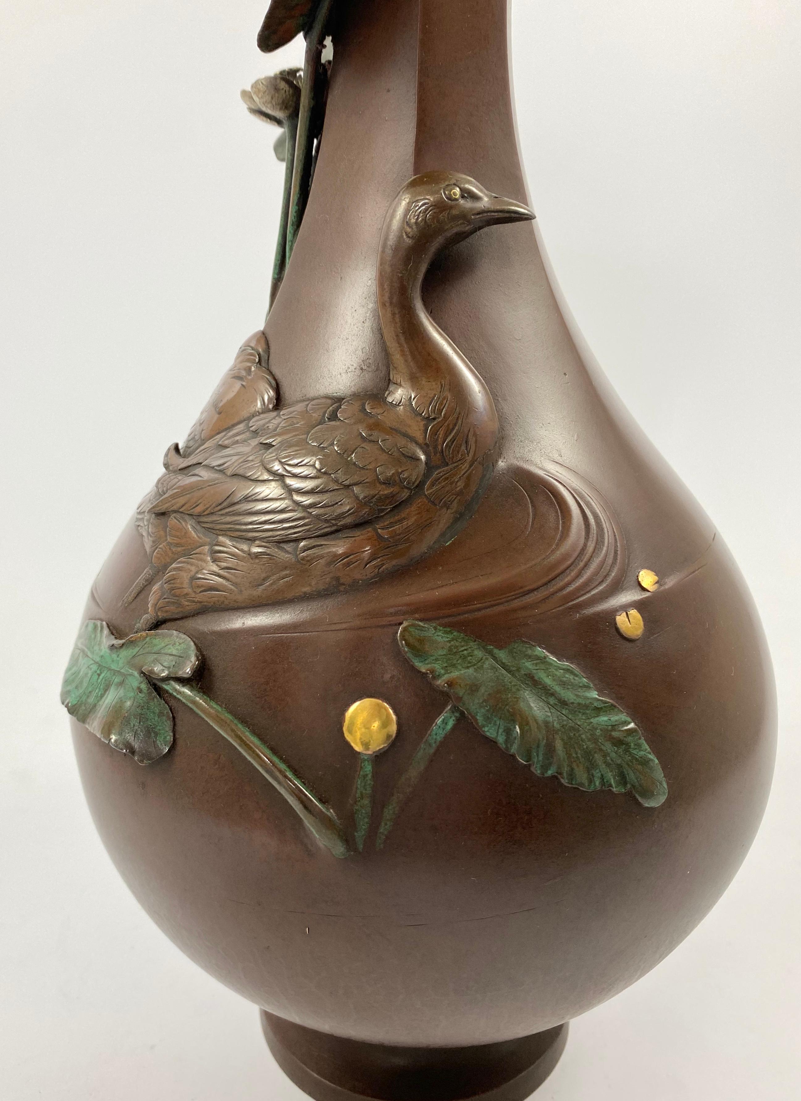 Japanese Bronze & Mixed Metal Vase, Ducks, Seiya, Meiji Period In Excellent Condition In Gargrave, North Yorkshire