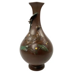 Japanese Bronze & Mixed Metal Vase, Ducks, Seiya, Meiji Period