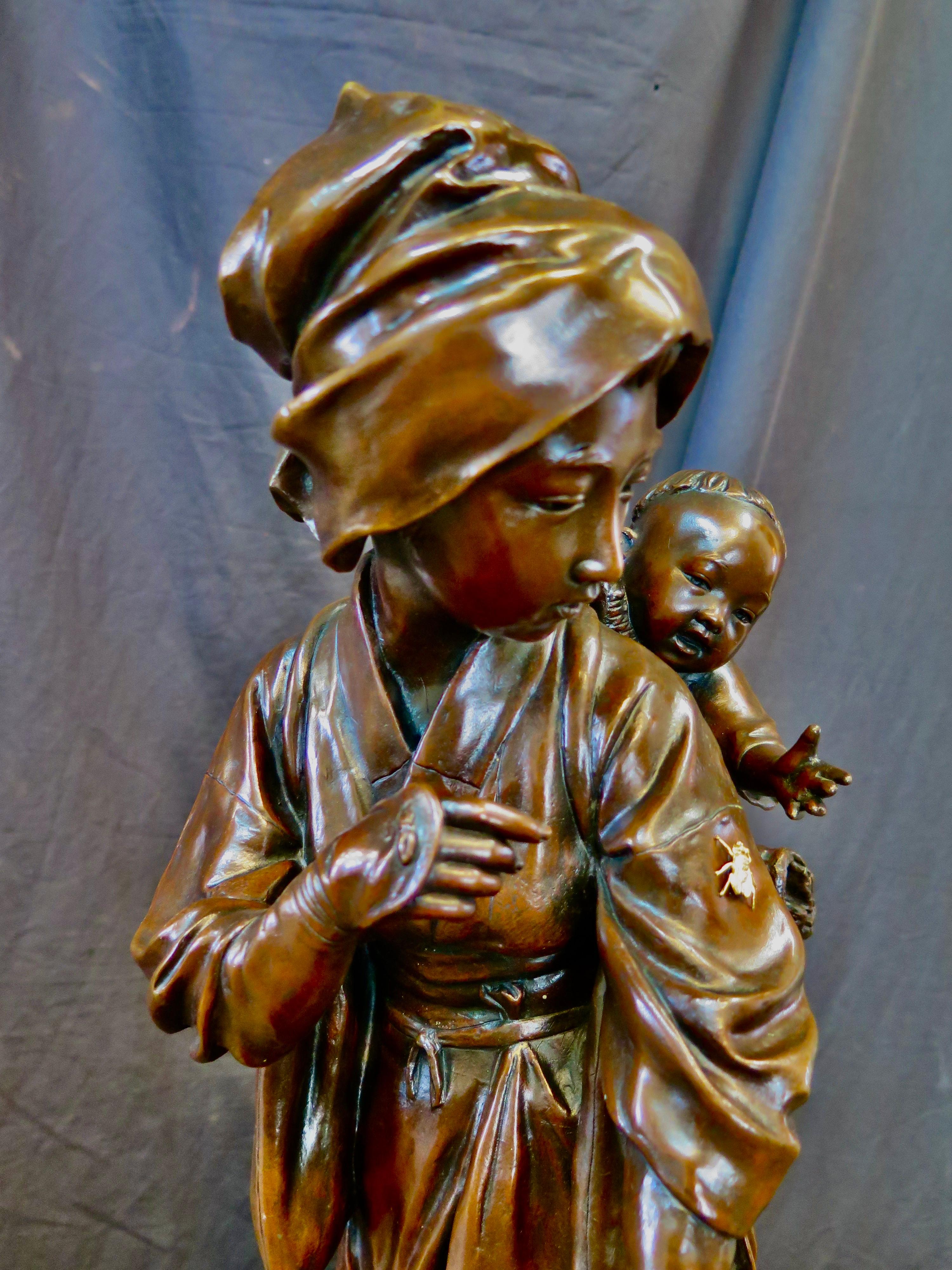 Meiji Japanese Bronze Mother & Child
