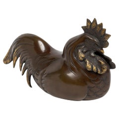Japanese bronze of a rooster with a great work of gold and chocolate patina