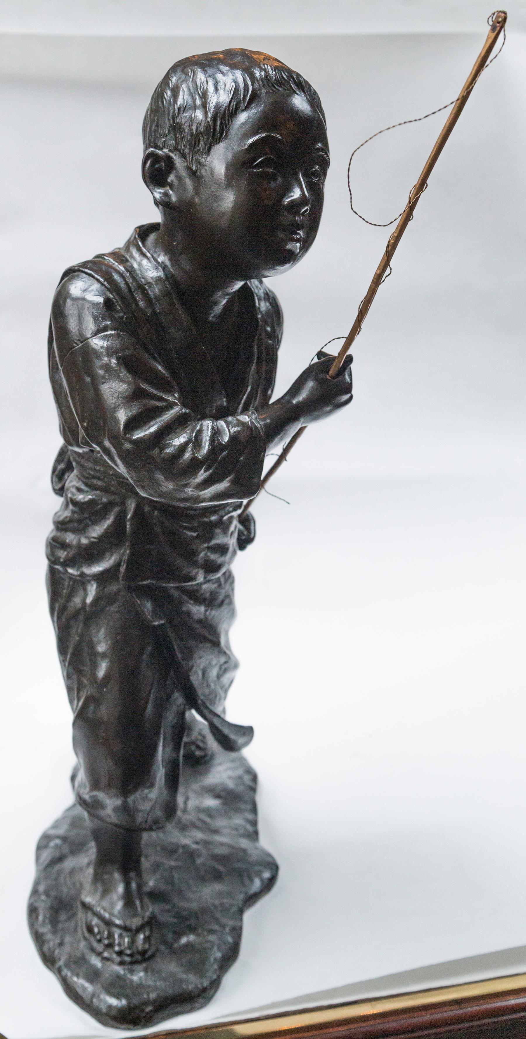 Japanese Bronze of a Young Boy with Fishing Pole For Sale 4