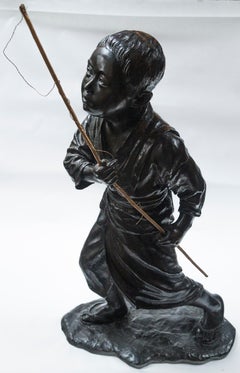 Japanese Bronze of a Young Boy with Fishing Pole