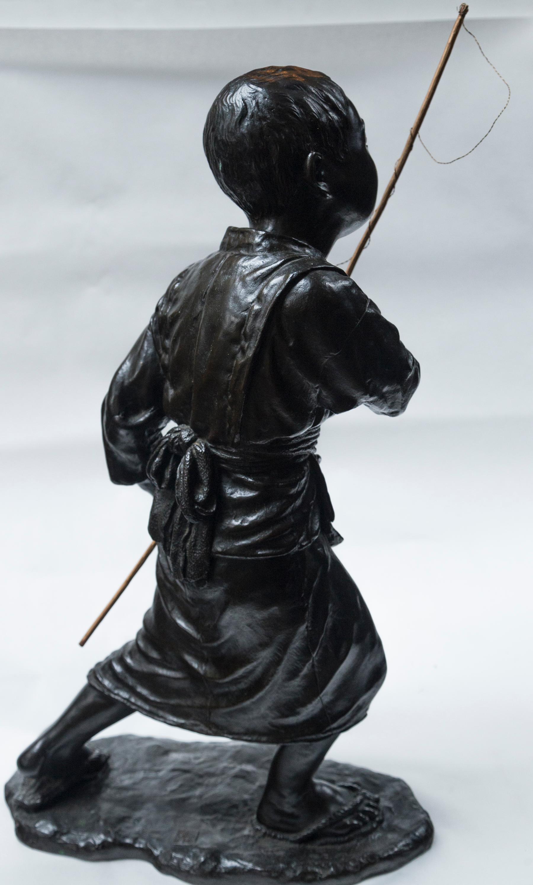 Japanese Bronze of a Young Boy with Fishing Pole In Good Condition For Sale In Woodbury, CT