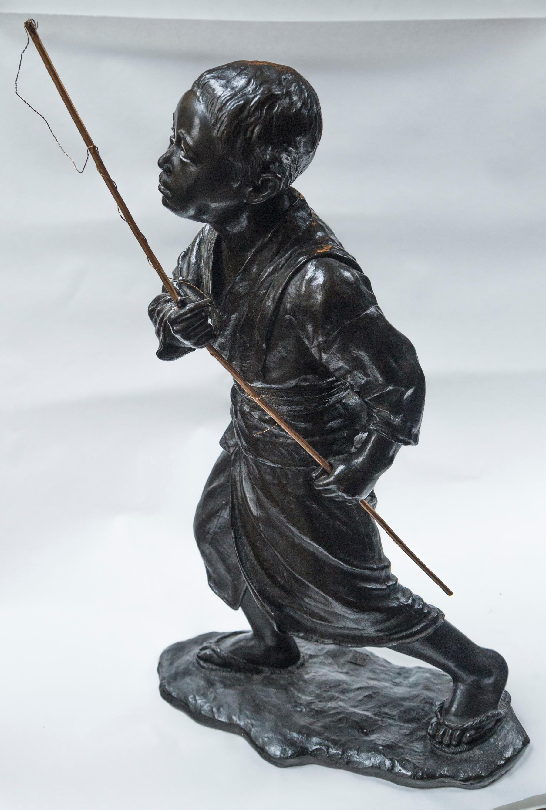 Japanese Bronze of a Young Boy with Fishing Pole For Sale 2