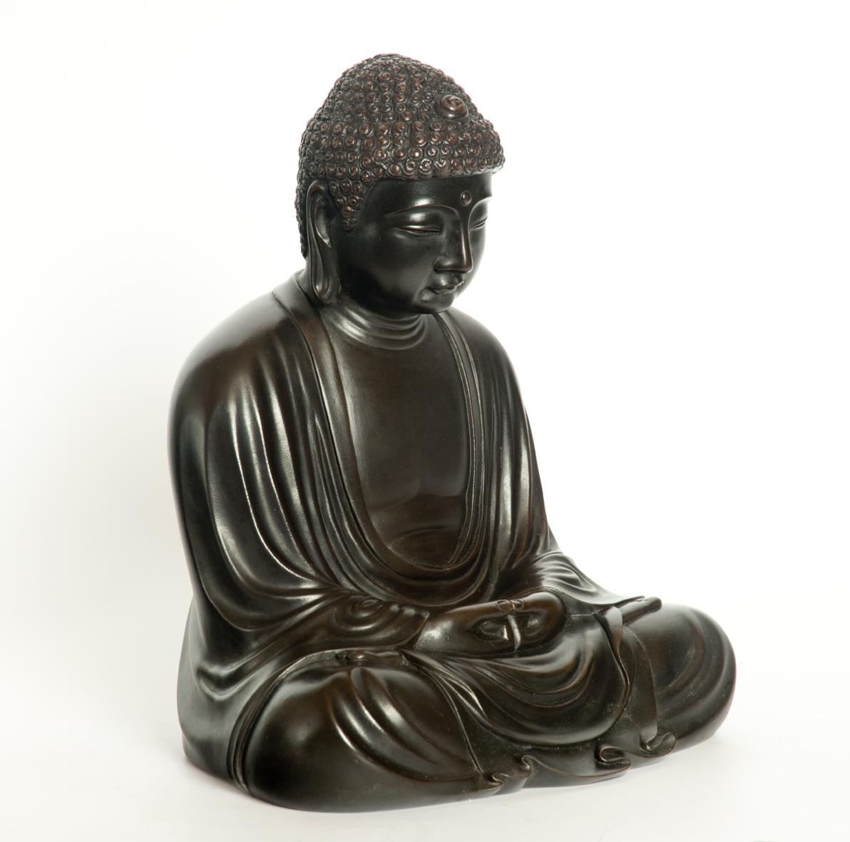 As part of our Japanese works of art collection we are delighted to offer this Meiji Period 1868-1912, finely rendered bronze study of the great Buddha at the Kotoku-in at Kamakura, a most enchanting okimono of this iconic statue simply robed and