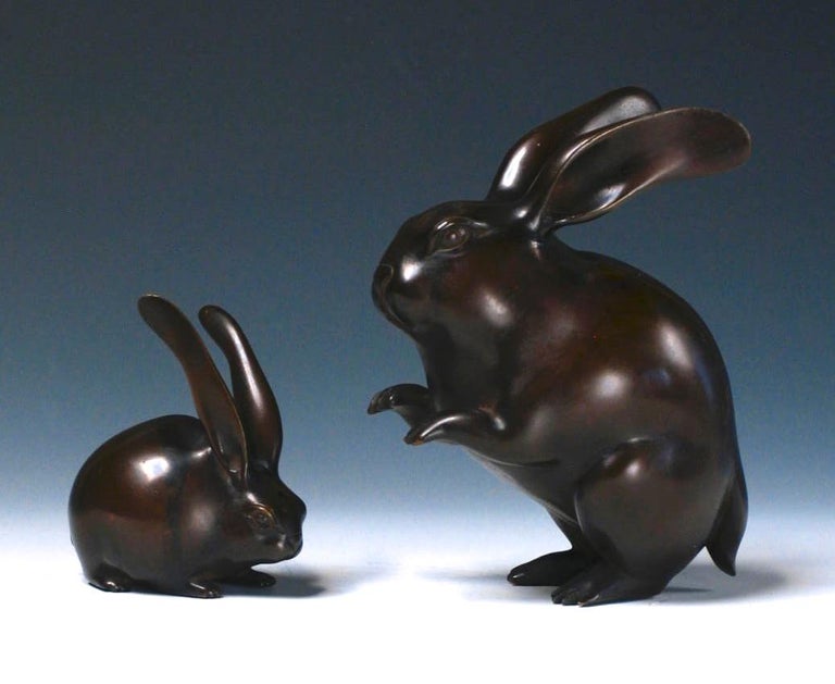 Japanese Bronze Okimono Grouping of 2 Figural Long Eared Rabbits For Sale at 1stDibs