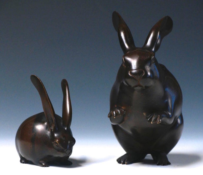 Japanese Bronze Okimono Grouping of 2 Figural Long Eared Rabbits For Sale at 1stDibs