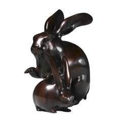 Japanese Bronze Okimono Grouping of 2 Figural Long Eared Rabbits