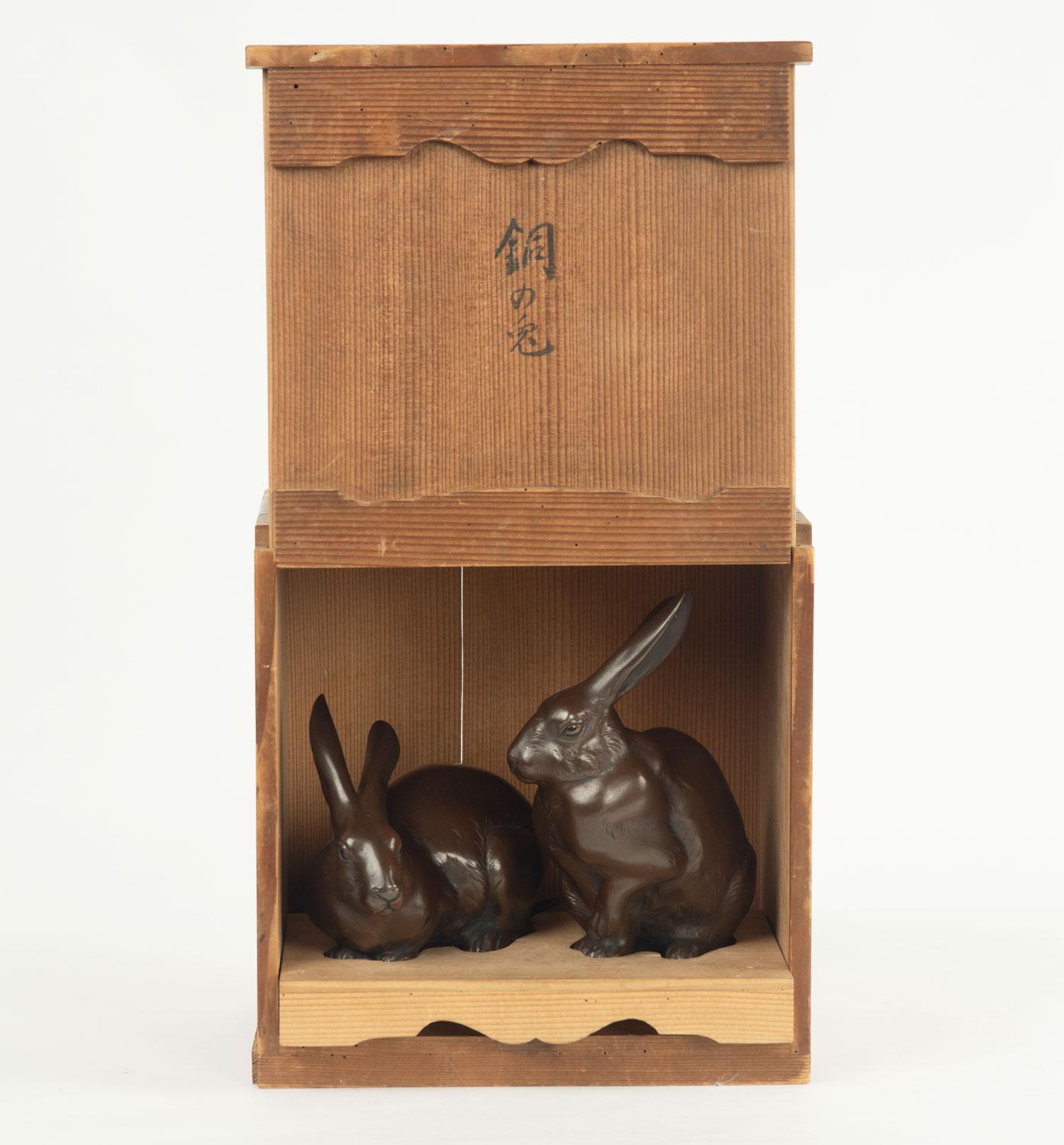 Taisho Japanese Bronze Okimono Hares, Imperial Provenance