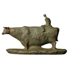 Japanese Bronze Okimono "Morning Grasslands" — Ox & Child by Koga Tadao