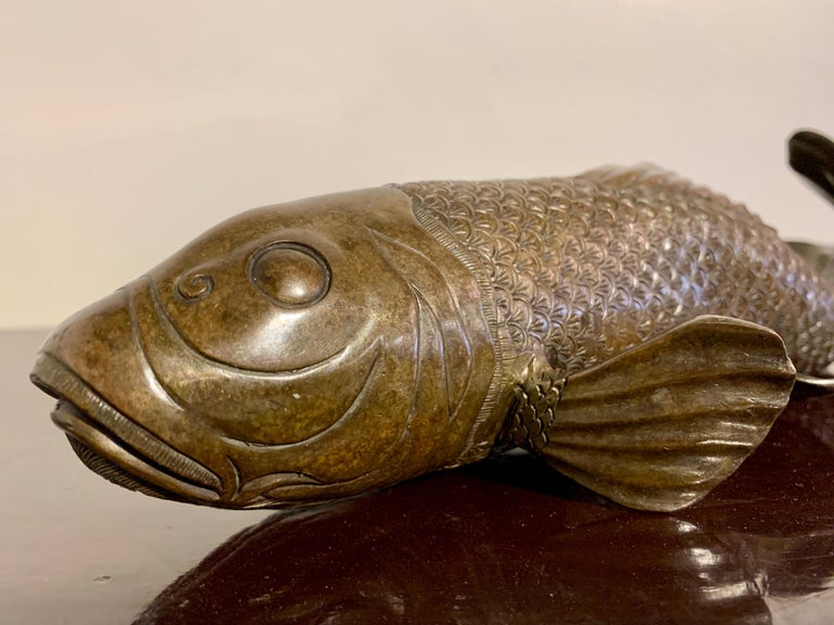 Japanese Bronze Okimono of a Carp, Taisho Period, Early 20th Century, Japan For Sale 11