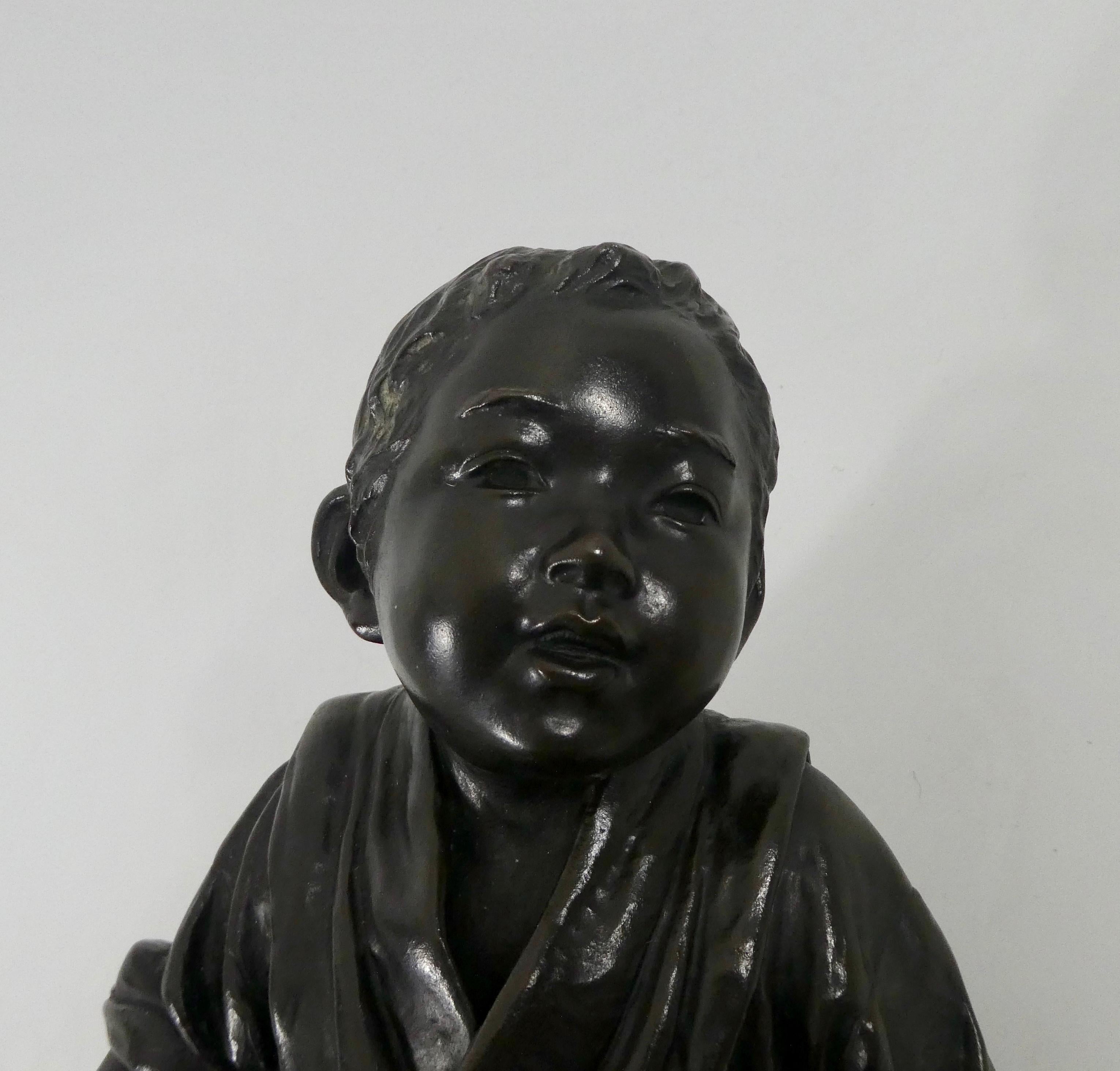 Japanese Bronze Okimono of a Fisher Boy, Signed Maruki, Meiji Period 6