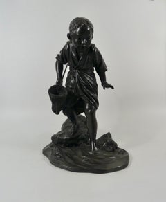 Japanese Bronze Okimono of a Fisher Boy, Signed Maruki, Meiji Period