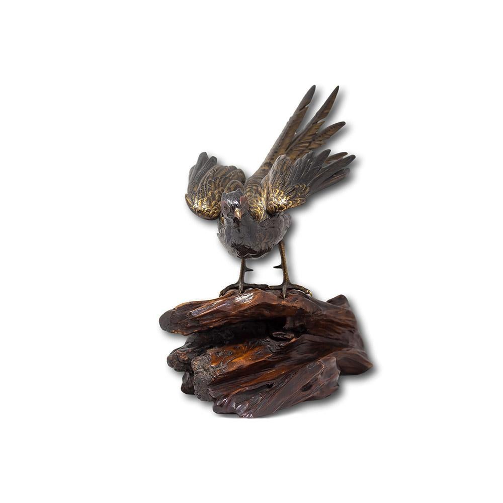 Ungewöhnlicher Wurf eines Fasans im Flug

Aus unserer japanischen Kollektion bieten wir Ihnen diesen japanischen Bronze-Okimono eines Fasans auf einem naturalistischen Wurzelholzsockel an. Der aus Bronze gegossene Fasan mit vergoldetem Gefieder