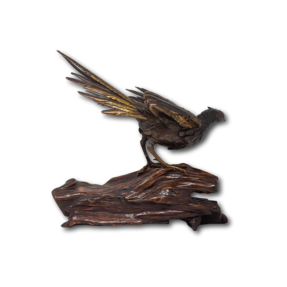 Hand-Carved Japanese Bronze Pheasant Okimono Genryusai Seiya For Sale