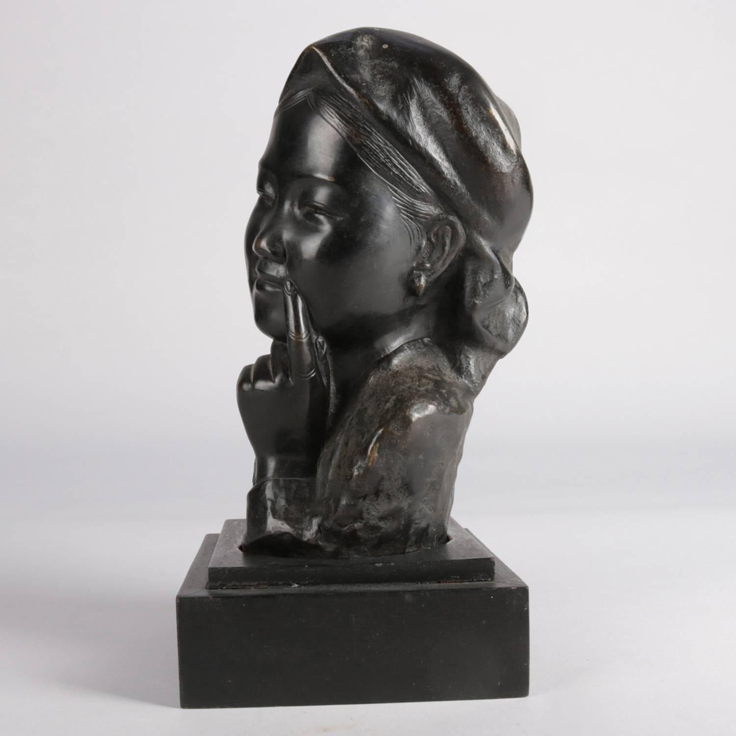 Cast Japanese Bronze Portrait Bust Sculpture of Pensive Young Girl, Wood Base