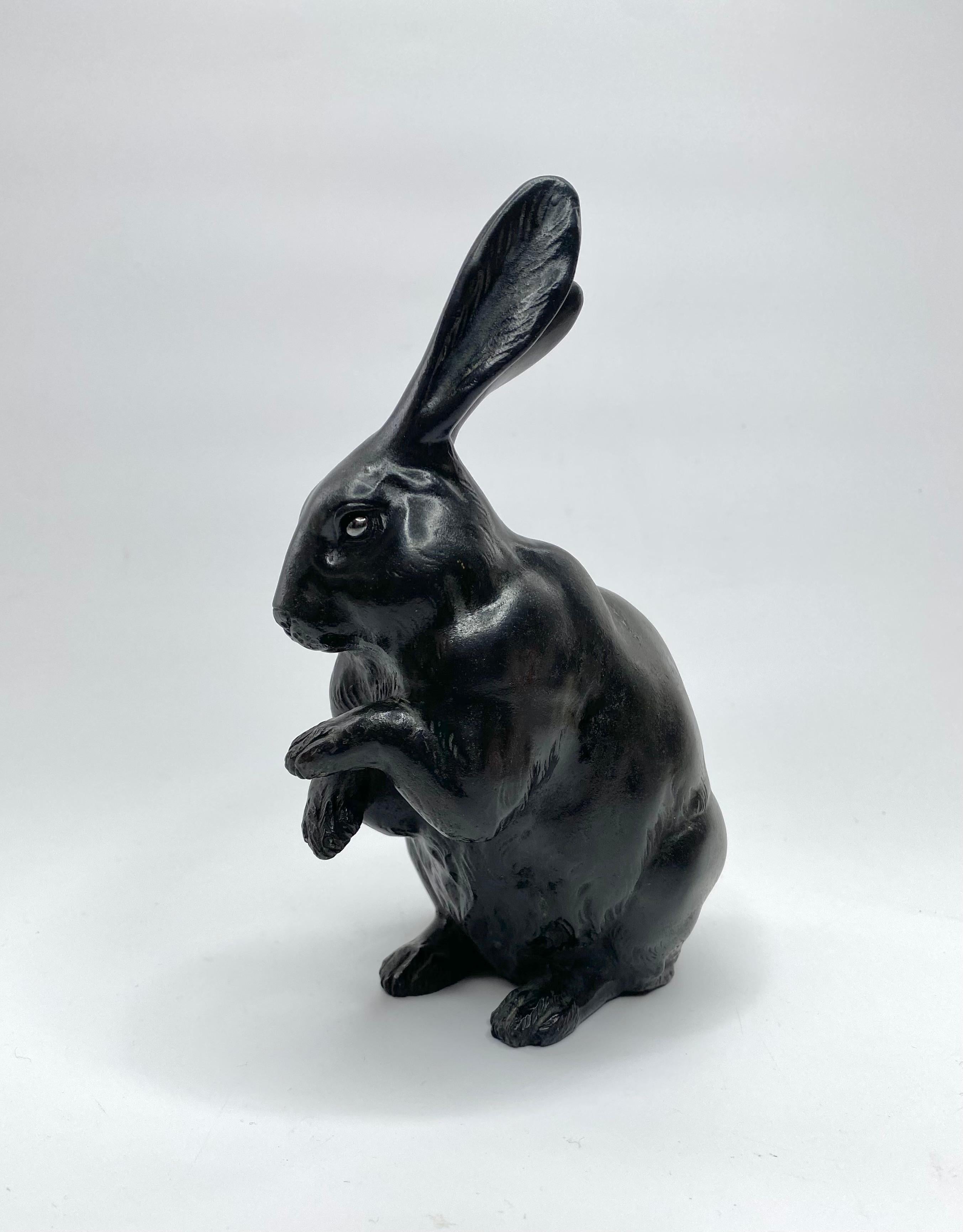 Cast Japanese bronze Rabbit okimono, Maruki Company, Meiji Period.