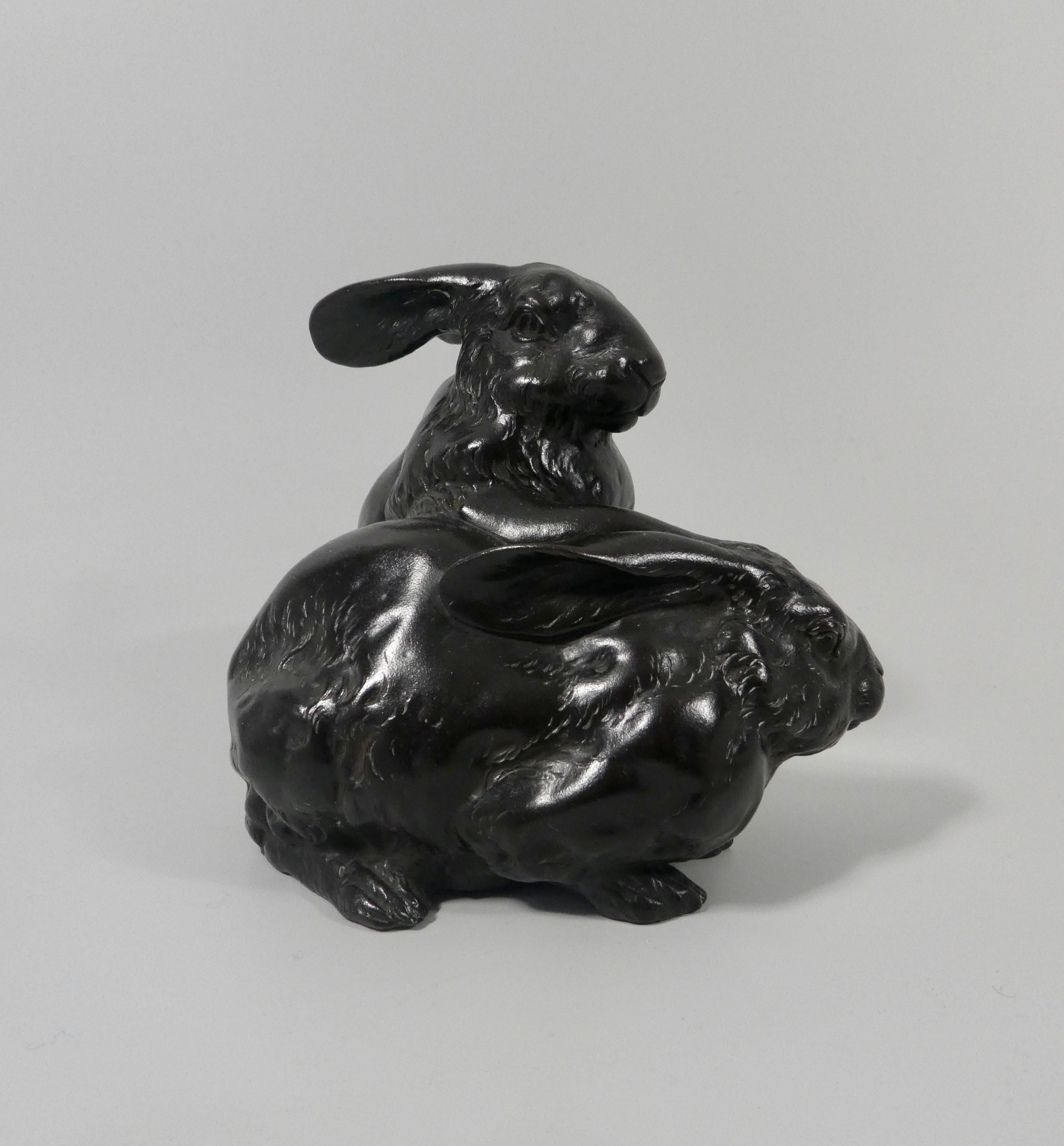 Early 20th Century Japanese Bronze Rabbits Okimono, Okazaki Sessei, Meiji Period