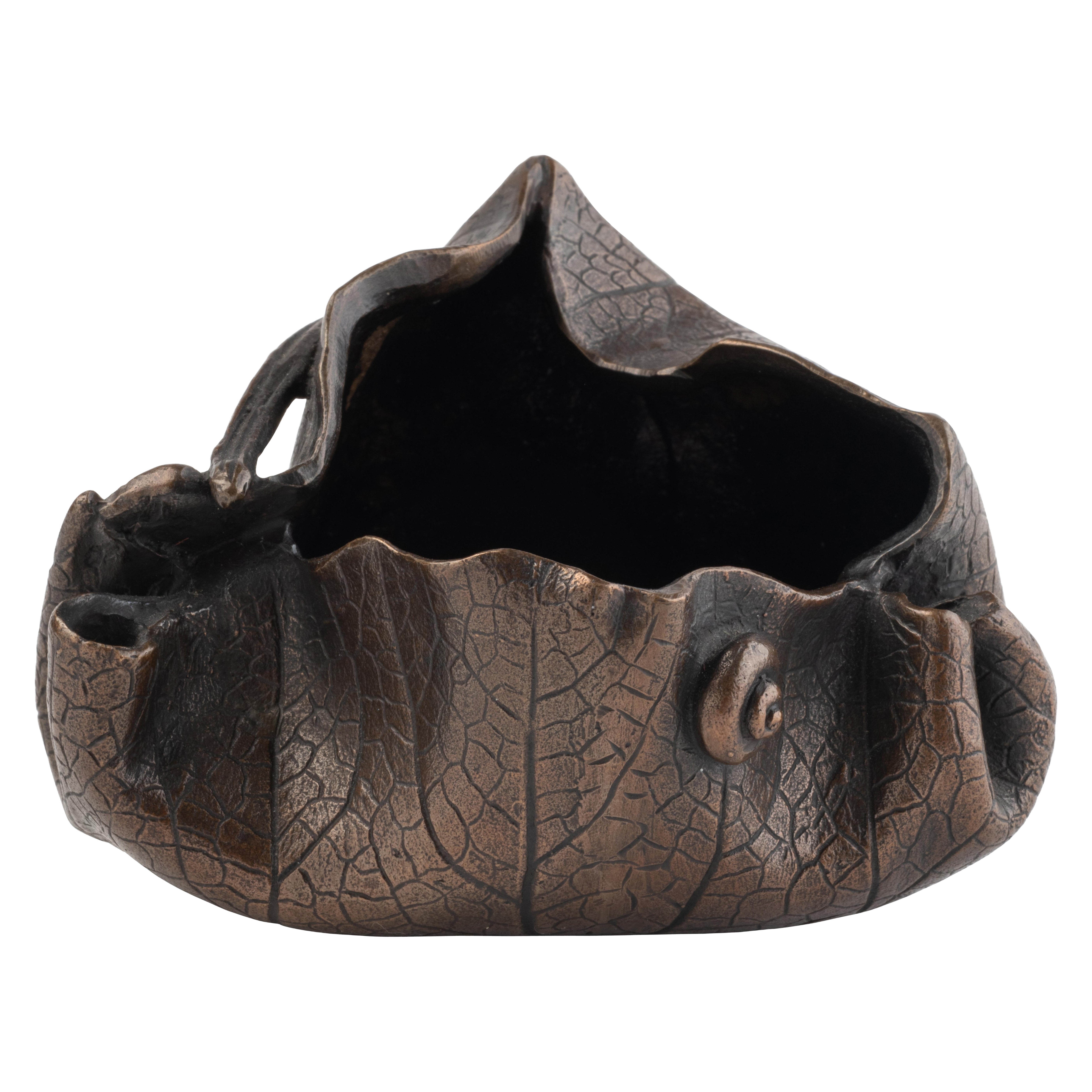 Japanese bronze sculpture in the form of a lotus leaf and snail shell