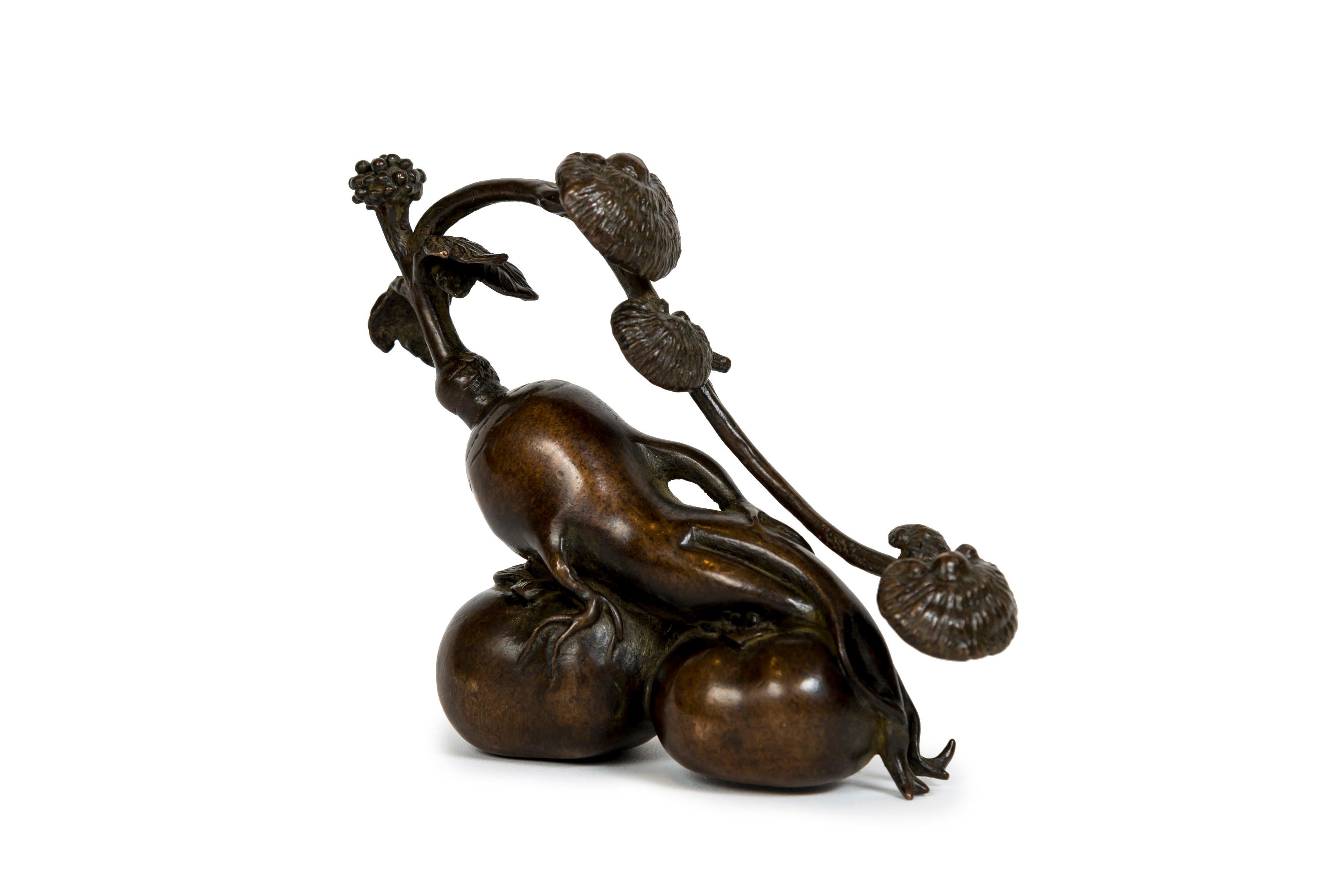 Meiji Scultura giapponese in bronzo di una radice di ginseng, con funghi ganoderma che crescono su di essa in vendita