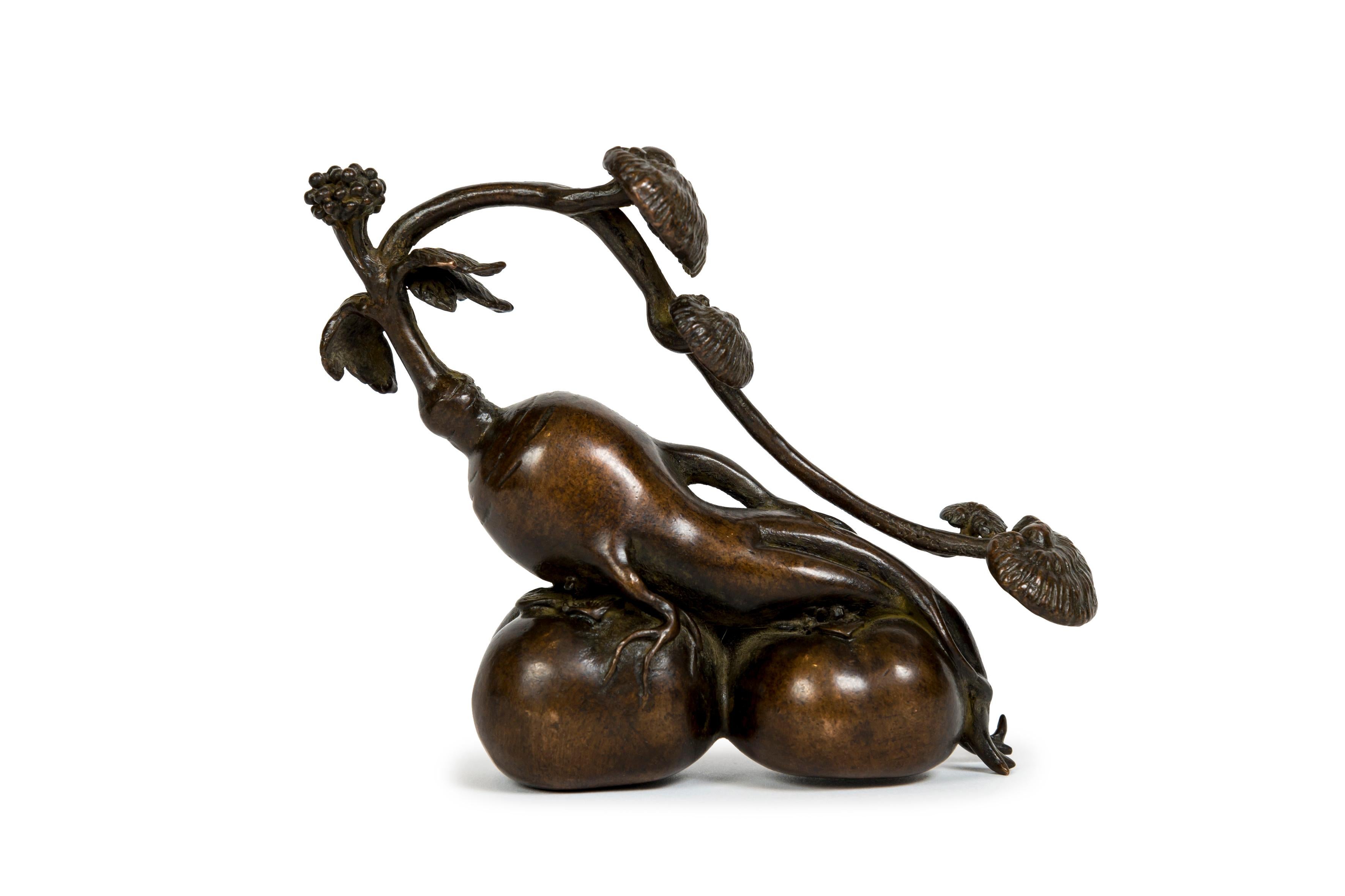 Giapponese Scultura giapponese in bronzo di una radice di ginseng, con funghi ganoderma che crescono su di essa in vendita