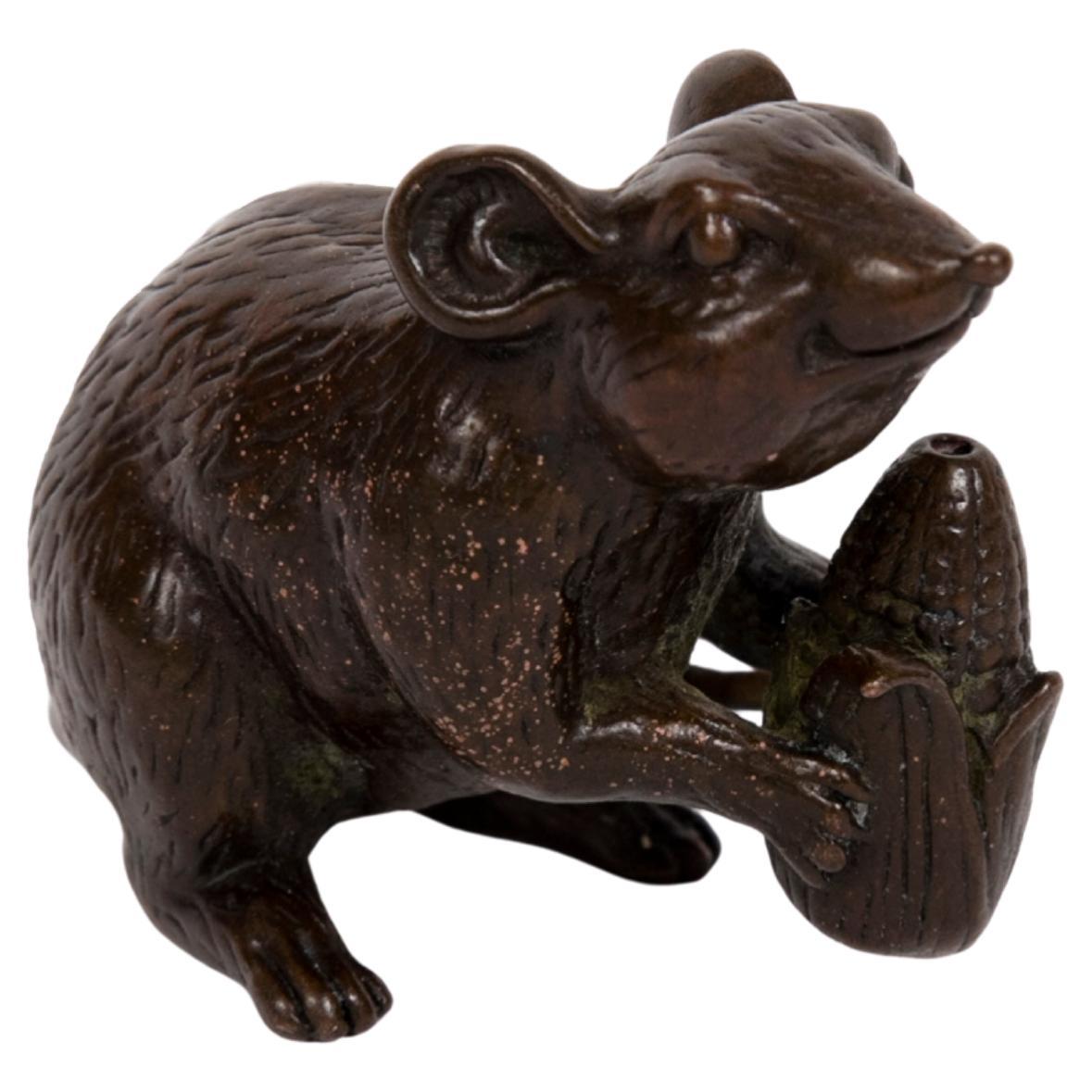 Japanese Bronze sculpture of a Mouse holding a korn knob
