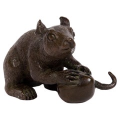 Japanese Bronze Sculpture of a Mouse leaning on a Hazelnut