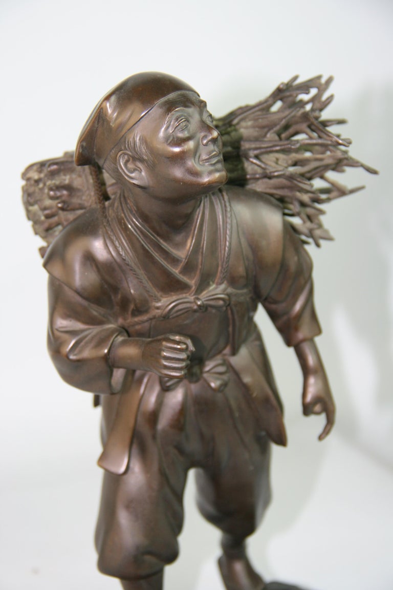 Japanese Bronze Sculpture of a Peasant Worker 1920's For Sale 12
