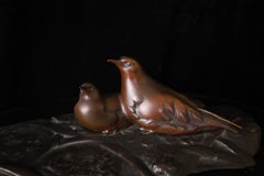 Japanese Bronze Sculpture of Two Birds on Leaf Base – Showa Period. Signed