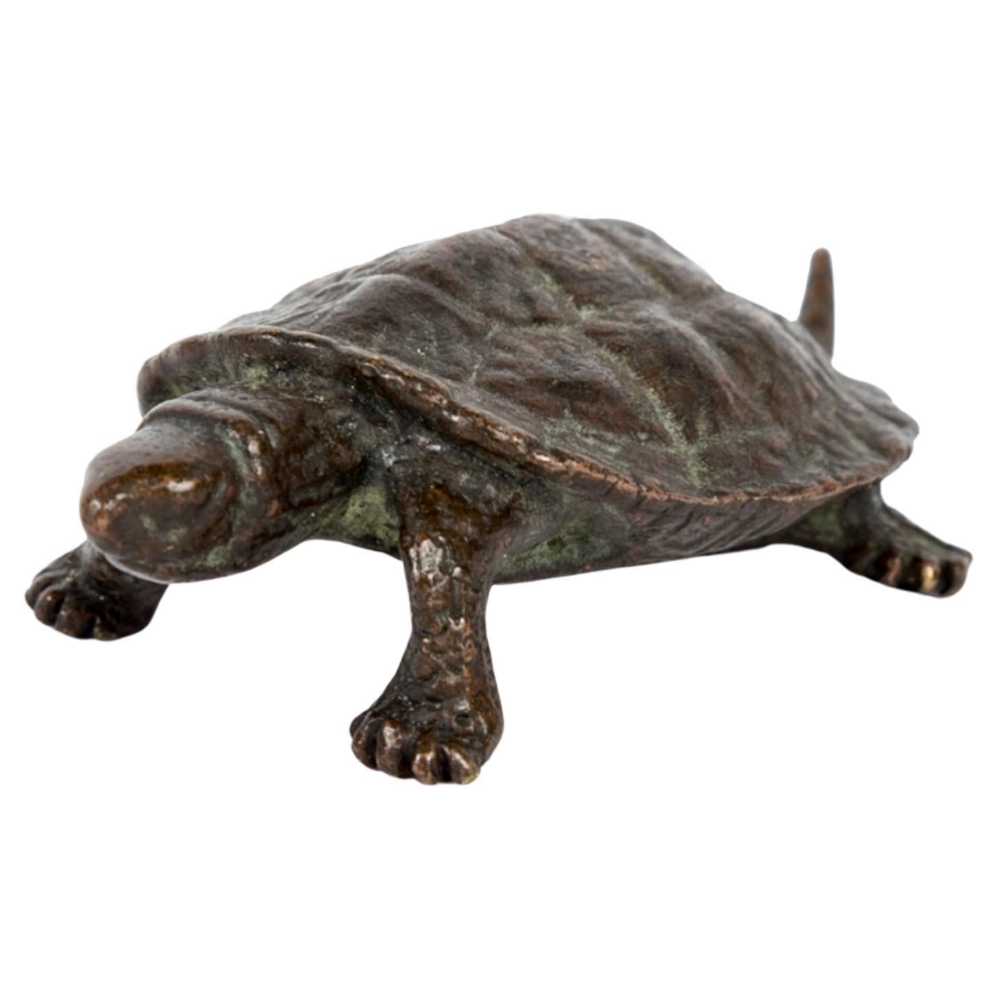 Japanese bronze sculpture or Okimono of a small yet realistic walking turtle For Sale