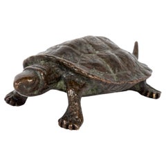 Japanese bronze sculpture or Okimono of a small yet realistic walking turtle