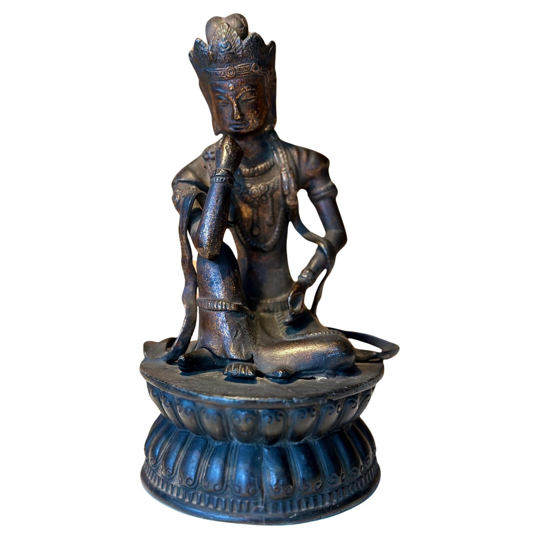 Japanese Bronze Statue Nyoirin Kannon on Lotus Throne For Sale