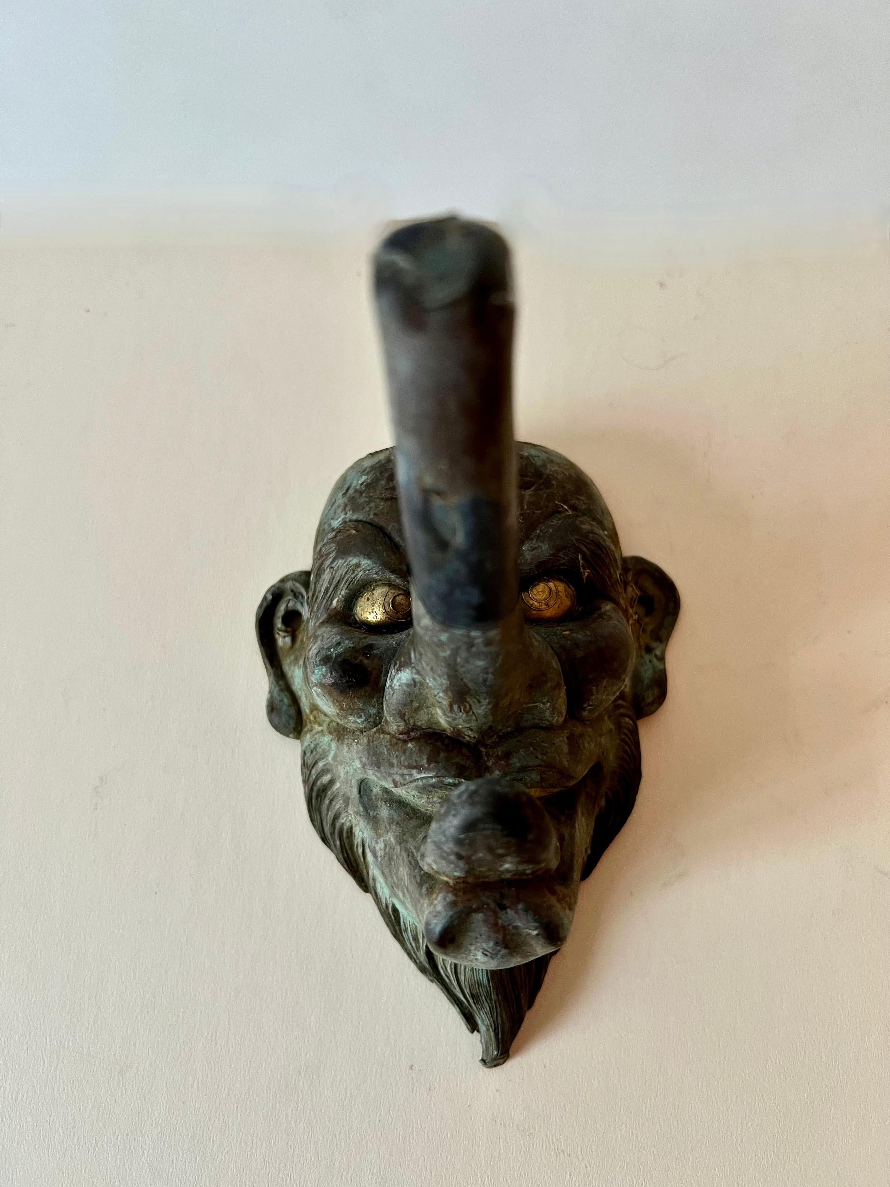 Hand-Painted Japanese Bronze Tengu Mask Wall Pocket with Gilded gold Eyes